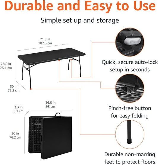 Amazon Basics Heavy Duty Portable Folding Table, 6 ft, Indoor & Outdoor, Fold-in-Half Design with Carrying Handle, for Events, Easy Folding and Storage, Black | Portable