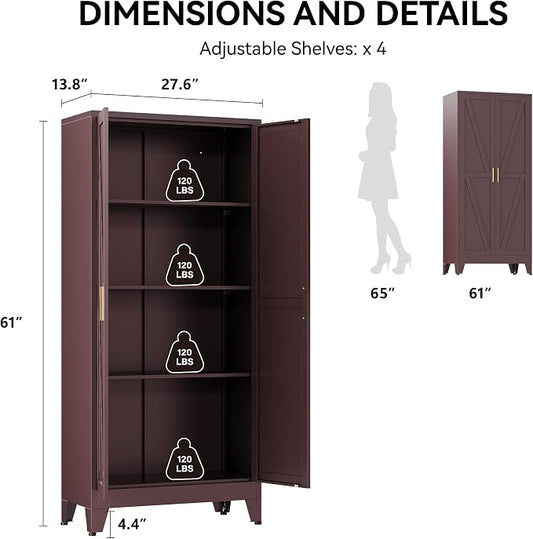 COFaR 61" Metal Storage Cabinet with Doors and Adjustable Shelves, Tall Pantry Cabinet Freestanding Kitchen Pantry Storage Cabinet, Steel Cupboard for Bathroom, Living Room & Office, Reddish Brown
