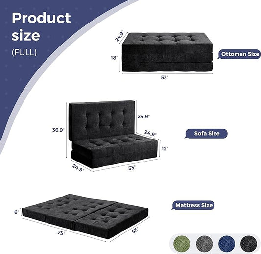 MAXYOYO 6" Folding Sofa Bed for Floor, Tufted Tri-Fold Floor Mattress with Chenille Fabric, Full Size Portable Sofa Couch Guest Mat for Adults, Foldable Topper for Camping, Black, 53"x75"