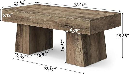 LITTLE TREE Farmhouse Coffee Table, 47 Inches Wooden Rectangular Accent Center Tables with Thick Base, Modern Low Cocktail Tea Furniture for Living Room (Rustic Brown)