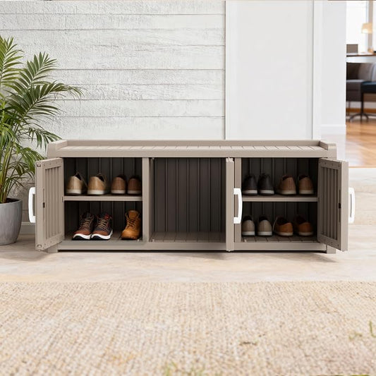 3 Doors Shoe Bench, Waterproof & UV-Resistant, Resin Shoe Cabinet Indoor & Outdoor Use, Entryway Bench with Adjustable Shelves & Hidden Storage Space for Bedroom, Hallway, Grey
