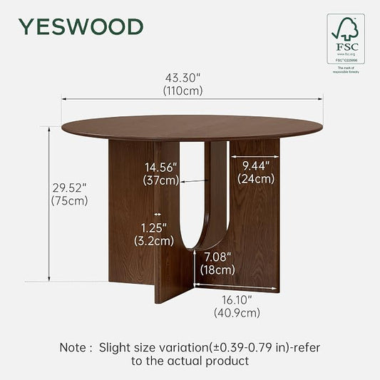 YESWOOD 43.3’’ Round Dining Table for 4-6, 100% Solid Wood Kitchen Table with U-Shaped Pedestal Base, Farmhouse Circle Modern Dinner Table for Dining Room, Living Room (Imported Ash Wood, Walnut)