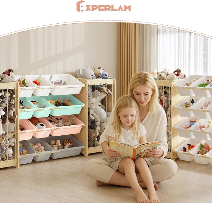 EXPERLAM Large Toy Storage Organizer, Wooden Stuffed Animal Storage & 12-Bins Toy Organizer, Double-Sided Plush Toy Holder Featuring Thicker Ropes, Space Save Playroom Bedroom Nursery Storage, Multi