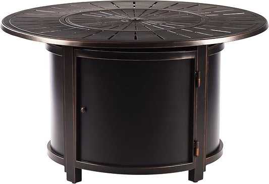 Oakland Living Aluminum 57,0000 BTU 44 in. Round Propane Black Fire Pit Table with Fire Beads, Lid, Propane Tank Cover and Table Fabric Covers in Copper Finish, (AZNOBU-FPT-AC)