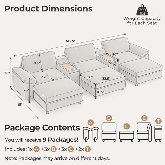 SITJOY Large Cloud Couch, 146" Wide 3 Seater Bed with Console, Light Gray | Detachable and Washable Chenille Cover Sectional Sofas for Living Room, Deep Seat Wide Couch with Chaise, Storage Ottoman