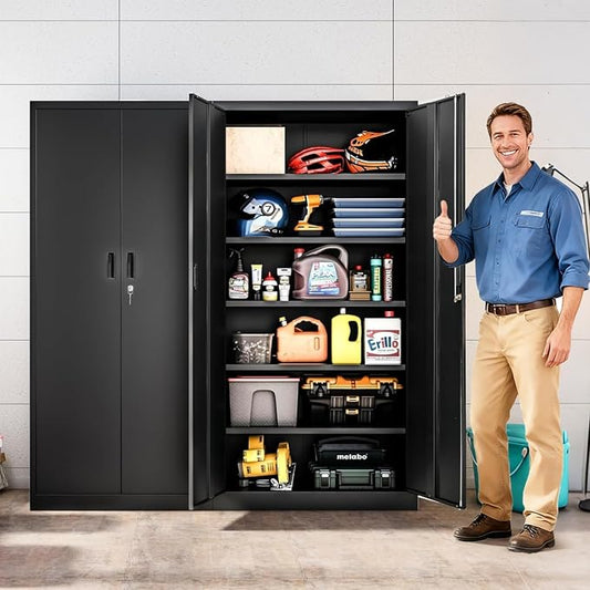 71" H Tall Metal Storage Cabinet with Lock and 5 Adjustable Shelves, Metal Garage Storage Cabinet for Home, Office, Garage, Warehouse Organize, Black