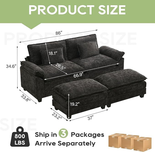 Oprisen 86" Modular Sectional Sofa, Comfy Cloud Couch Sectional Sofa with Ottoman, Chenille Sofa Sleeper Deep Seat Sofa with Throw Pillows for Living Room (Black)