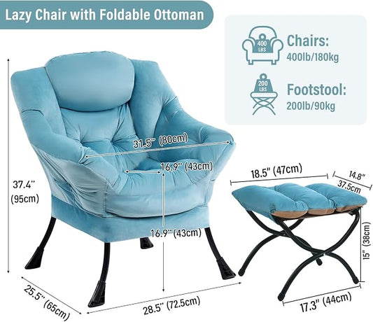 Furlide Lazy Chair with Ottoman, Modern Accent Chairs with Folding Footrest, Velvet Light Blue Sofa Chair Set, Reading Chairs, Oversized Armchairs for Bedroom, Study, Living Room, Courtyard