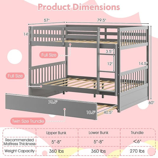 KOMFOTT Wood Full Over Full Bunk Bed with Trundle, Wooden Bed Frame with Ladder, Solid Wood Frame & Safety Guardrails, Space-Saving Bunk Bed for Teens & Adults, No Box Spring Needed