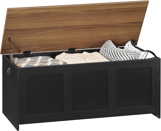 HOOBRO Storage Bench, 39.3" Retro Wooden Storage Chest, Wooden Storage Trunk, Toy Chest with Lift Top, Multifunctional Entryway Organizer, for Entryway, Living Room, Black and Walnut BH141CW01G1