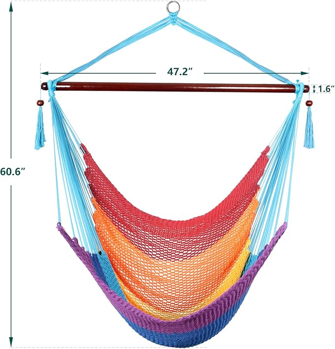 Caribbean Hammock Swing Chair with Spreader Bar, Large Hammock Chair, Hand Craft Rope Hanging Chair Outdoor, Indoor, Bedroom, 330 LBS Weight Capacity, Rainbow