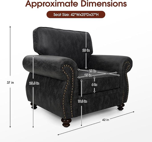 Couchus Vintage Accent Chair with Rivet Decoration, Traditional Upholstered Armchair, Living Room Chair, Rustic Single Sofa Chair for Bedroom, Reading Room & Office (Grey, Single)