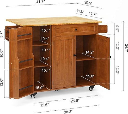 Ahomly Kitchen Island with Storage, Rolling Kitchen Island on Wheels with Drop Leaf, Interal Storage Rack, a Drawer, Spicy Rack and Towel Bar, Mobile Island Table for Kitchen, Brown