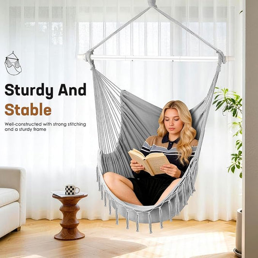 Hammock Chair Hanging Chair Heavy Duty 500 Lbs, Hanging Hammock Chair with Steel Spreader Bar & Adjustable Straps, Indoor Outdoor Hammock Swing for Bedroom Patio Porch Balcony Backyard Camping (Grey)
