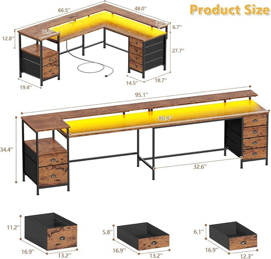 Furologee 95" Two Person Computer Gaming Desk, Long 2 Person Home Office Desk with 6 Drawers & Storage Shelves, Double Table with Power Outlets, LED Lights and Full Monitor Shelf, Rustic Brown