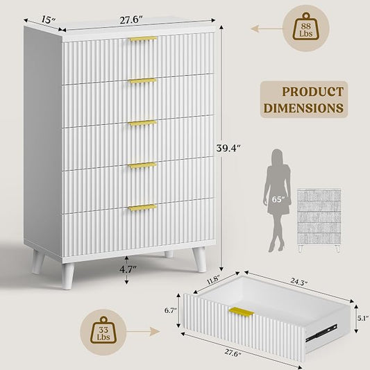 Lulive White Dresser for Bedroom Wood Tall Dressers Drawers, Fluted Modern Dresser 5 Drawers White