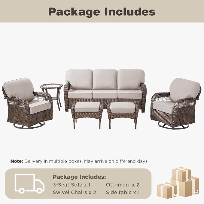 Belord Luxury Patio Furniture Set with 5-inch Thick Cushion, Outdoor Couch and High Back Swivel Rocker Patio Chairs, 6PCS Wicker Conversation Set for Deck Yard and Poolside,Beige