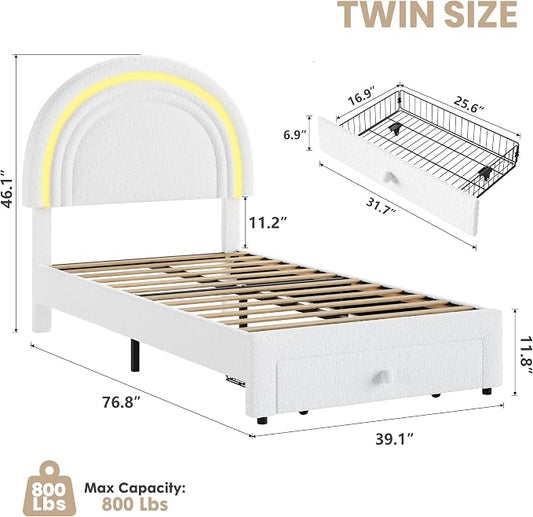 GarveeHome Twin Upholstered LED Bed Frame - with Storage Drawer and Rainbow Headboard, Berber Fleece Princess Platform Bed for Kids, Solid Wood Slat Support, No Box Spring Needed, Easy Assembly, White