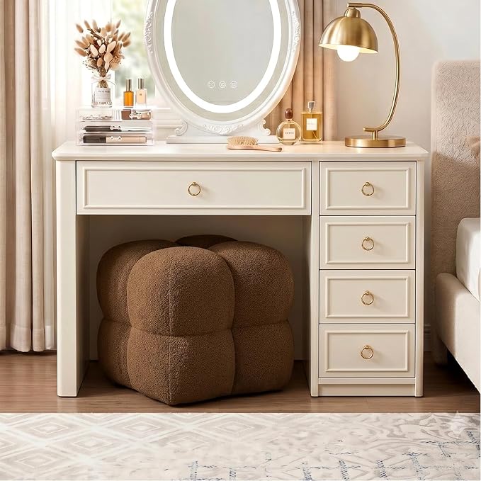 Zesthouse Square Pouf Ottoman Footstool, Modern Backless Vanity Chair for Bedroom, Boucle Poofy Footrest for Couch, Upholstered Tufted Footstool, Fabric Ottoman Coffee Table for Living Room Rust Brown
