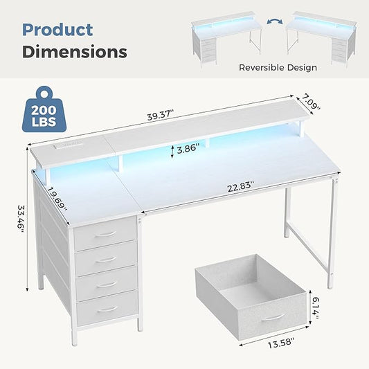 DUMOS 40 Inch Computer Desk with 4 Drawers, Gaming Desk with Power Outlets and LED Lights, Office Workstation for Small Spaces with Monitor Shelf, Writing Table for Home Office Bedroom Study White