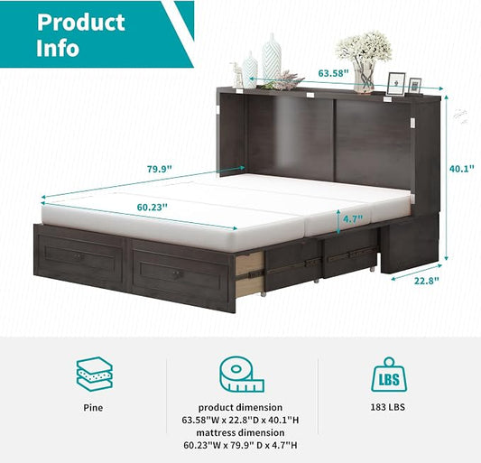BALUS Queen Size Murphy Bed Cabinet with Tri-Fold Memory Foam Mattress, USB Charging Station, Cabinet Murphy Beds with Storage Drawer, Guest Wall Bed for Living Room Home Office, Grey