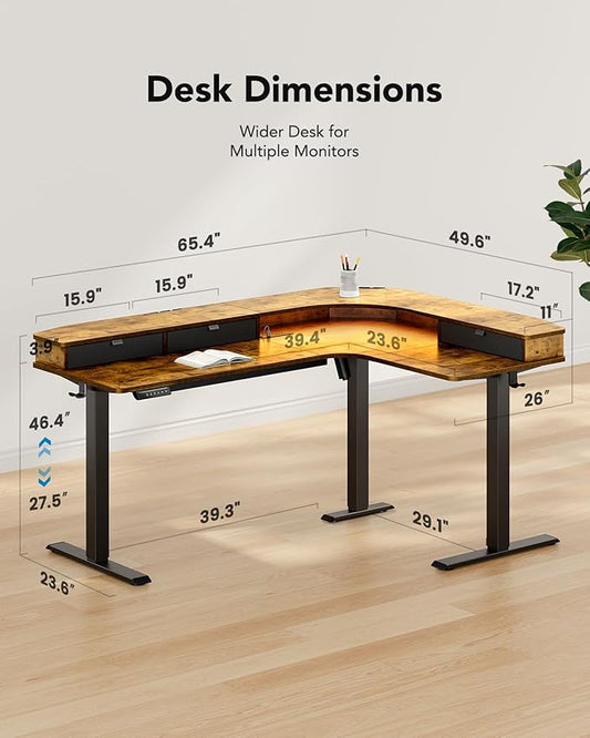 HUANUO 65″ L-Shaped Standing Desk with 3 Drawers, Vintage Brown | Built-in Power Outlets, LED Strip, Smooth Electric Height Adjustment, 4 Memory Presets, 220 lbs Capacity, Power Strip Holder