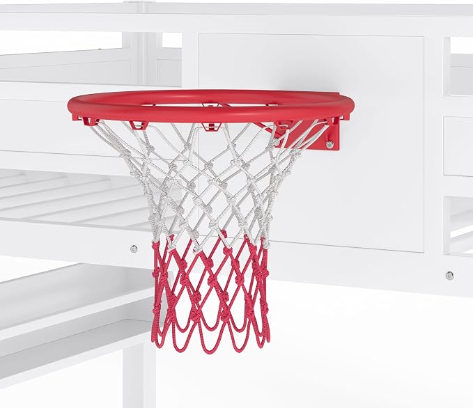 Harper & Bright Designs Twin Size Metal Bunk Bed with Built-in Bookshelves and Basketball Hoop, Floor Bunk Bed Twin Over Twin with Slide, Climbing Wall and Pull-up Rings for Kids Teens, White