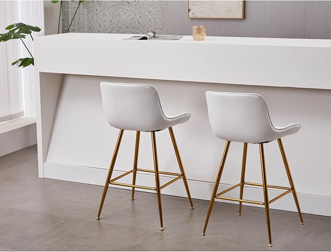 Sidanli Gold Barstools Set of 2, White Bar Stools with Gold Legs, Velvet Stools for Kitchen Island, 24inch Luxury Barstools with Adjustable Footrests