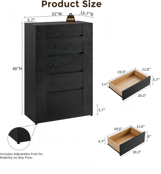 OKD 5 Drawer Dresser for Bedroom, 48" Tall Dresser Chest of Drawers with Thick Wood Design, Handleless, Modern Bedroom Dresser, Storage Organizer for Living Room/Entryway, Black Oak