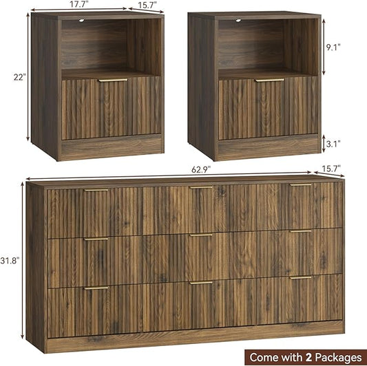 9 Drawer Dresser & Nightstand Set 3-Piece, 63” Wide Bedroom Dresser Set Night Stand Set of 2 with Metal Handle, Fluted Modern Wood Chest of Drawers Storage Dressers Set for Bedroom, Walnut