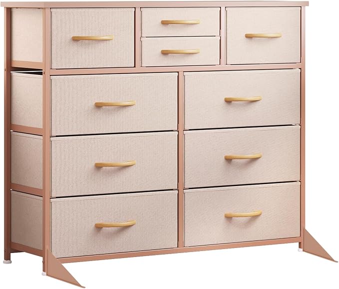 LUMTOK 10-Drawer Dresser, Fabric Storage Tower with Drawers for Bedroom, Dresser Drawer with Handle for Bedroom, Living Room, Hallway, Closets & Nurseryteel Frame, Wood Top (10 Drawer/Rose Gold)