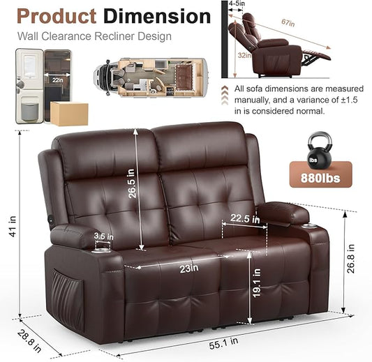Reclining Loveseat, 55.1" RV PU Leather Wall Hugger Recliner Love Seats Sofa with USB-A/Type C Charging Station, Cup Holder, Double Recliners Couch, Manual Love Seat for RV & Gaming Room