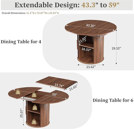 weselon 43"-59" Extendable Round to Oval Dining Table with Hidden Storage, Modern Wooden Kitchen Table with Fluted Sliding Door Cabinet, Expandable Dinner Table for Dining Room Living Room (Walnut)