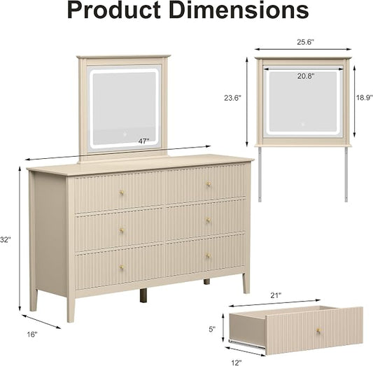 RoyalCraft 6 Drawer Dresser with Lighted Mirror, Beige Fluted Modern Wood Chest of Drawers, Long Dresser for Bedroom Storage