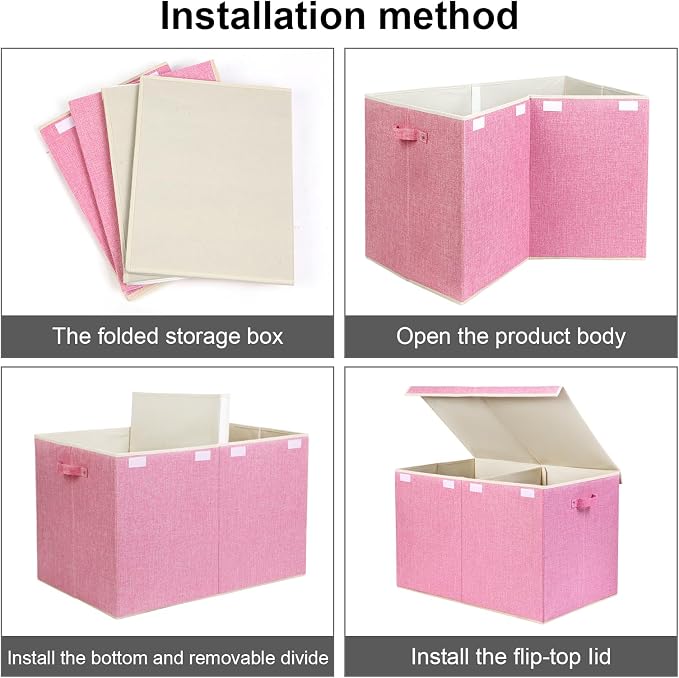 122L Large Toy Box Chest with Lid, Foldable Toy Storage Organizer Bin Boxes with Removable Divider for Kids, Boys, Girls, Nursery, Playroom, 26"x17" x17"(Linen Pink)
