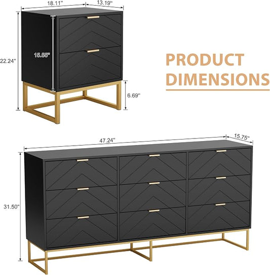 Anbuy Morden 9 Drawer Dresser and Nightstand Sets for Bedroom, 3 Pieces Bedroom Sets Night Stand Set of 2 & 9 Drawer Dresser with Gold Handles, Wood Chest of Drawers Storage Cabinet Set, Green Black