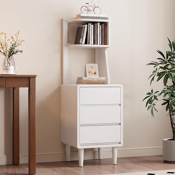 Solid Wood Bookshelf with Drawers,Narrow bookcase with Storage Shelves,Tall Nightstand with Drawers,Mid Century Modern Nightstand,Open Shelf Bookcase,Small Book Shelf for Bedroom,Living Room,Offices