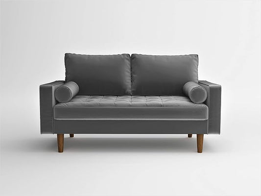 Container Furniture Direct Womble 58 Inch Velvet Loveseat Sofa with Elegant Button Tufted Upholstery, Square Arms, Splayed Wood Legs, Includes Matching Bolster Pillows, Silverish Grey