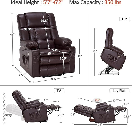 MCombo Large Dual Motor Power Lift Recliner Chair for Elderly, Zero Gravity Lift Chair with Heat and Massage, Infinite Position Lay Flat Recliner, USB Ports, Faux Leather 7896 (Dark Brown, Large)