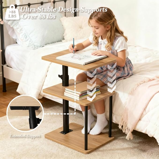 Faesun 360° Swivel Side Table for Height Adjustable, C Shaped End Table for Couch with Storage, 3-Tier Night Stand with Open Shelf, Tv Tray for Small Spaces, Living Room, Bedroom, Oak