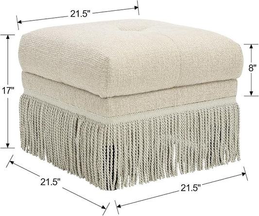 Hyfirm 22 Inch Square Beige Ottoman with Fringe for Living Room, Plush Modern Boho Upholstered Accent Pouf Ottomans Foot Rest for Bedroom, Footstool Ottoman End of Bed
