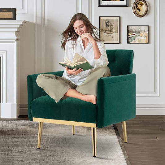 Green Accent Chair, Upholstered Velvet Armchair Comfy Modern Single Sofa Side Chair with arms and Metal Legs for Living Room Bedroom Reading