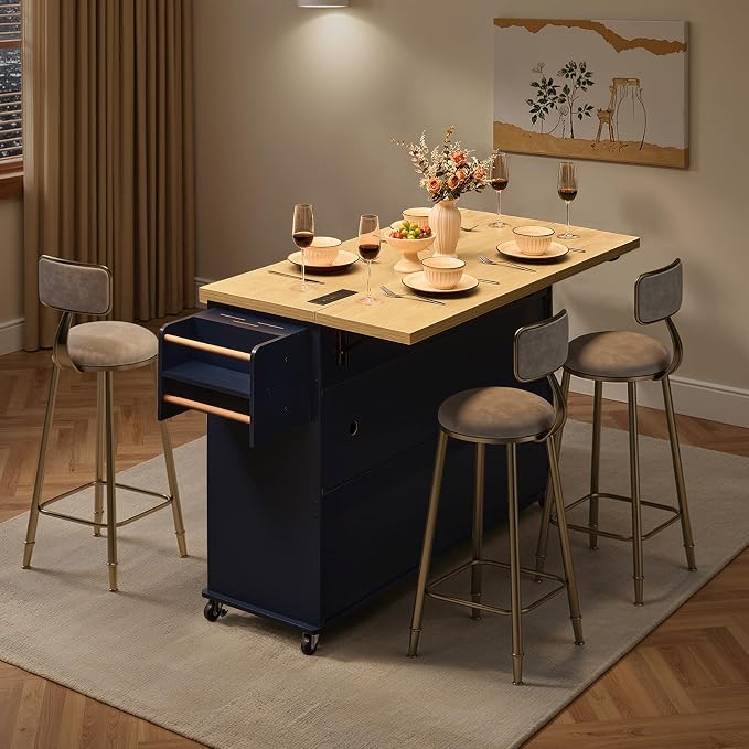 60.2" Kitchen Islands with Storage, Rolling Island Table with Trash Can Storage Cabinet, Mobile Island Cart with Drop Leaf & Power Outlet & Spice Rack & Towel Rack & Knife Holder, Blue