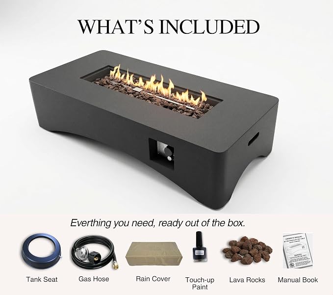 56" Propane Fire Pit Table, 50,000 BTU Rectangular Outdoor Gas Fire Pit, Concrete Patio Fire Table with Tank Seat, Lava Rocks & Waterproof Cover for Backyard Deck, Dark Grey