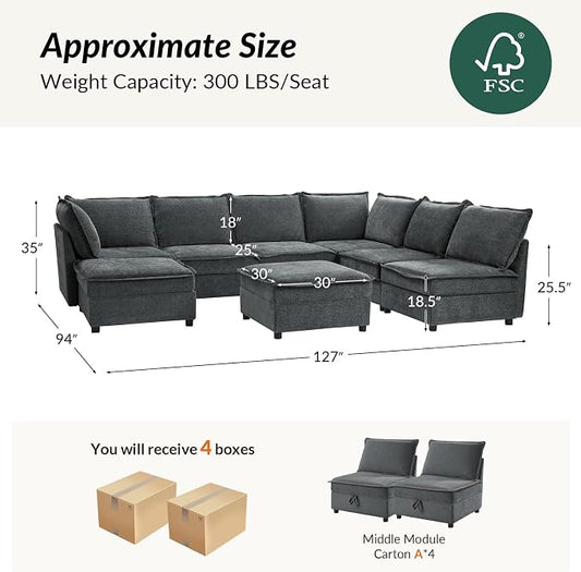 HULALA HOME Oversized Modular Sectional Sofa, 8 Seat U Shaped Couch with Storage Ottoman, Comfy Chenille Sofa with Deep Seat, Convertible Sectional Couches for Living Room, Grey
