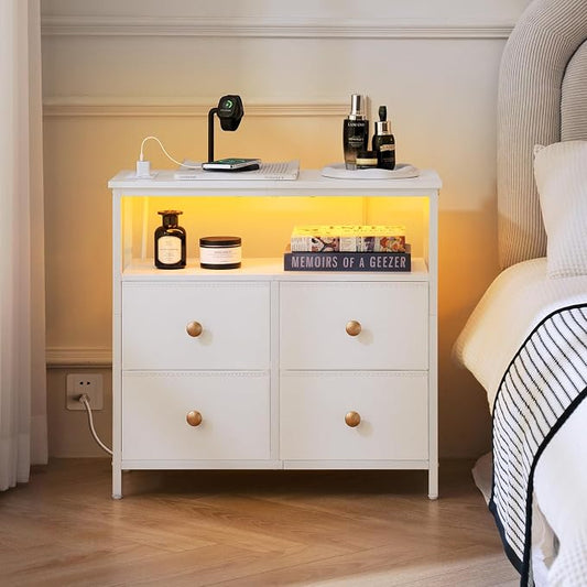 Yoobure Night Stand with Charge Station, Nightstand with 4 Drawers Bedside Table, LED Dresser with Storage Shelf, Night Stands for Bedroom, Side Table 3-Tier Wood End Table for Home, Office White