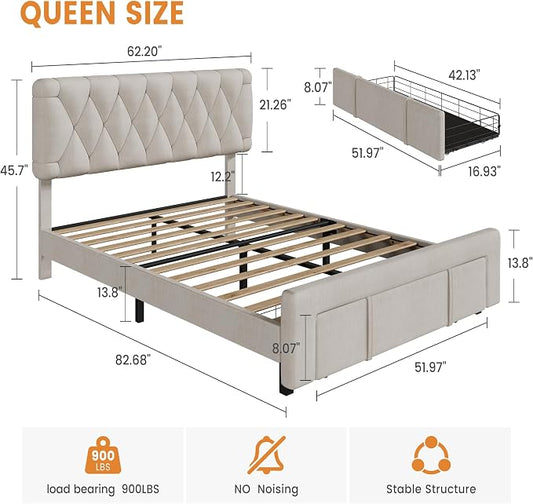 GarveeHome Queen Size Bed Frame, Upholstered Platform Bed Frame with Storage Drawers, Mattress Foundation with Solid Wooden Slats Support, No Box Spring Needed, Beige