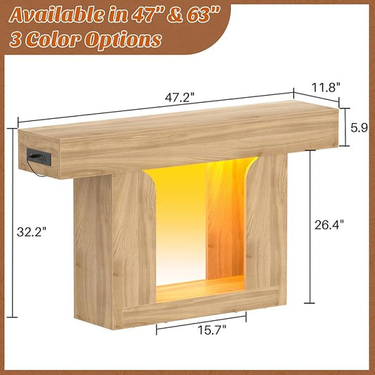 Homieasy Console Table, 47" Entryway Table with LED Lights & Charging Station, Farmhouse Wooden Sofa Table Behind Couch, Narrow Hallway Table for Living Room, Foyer, Entry, Natural Oak