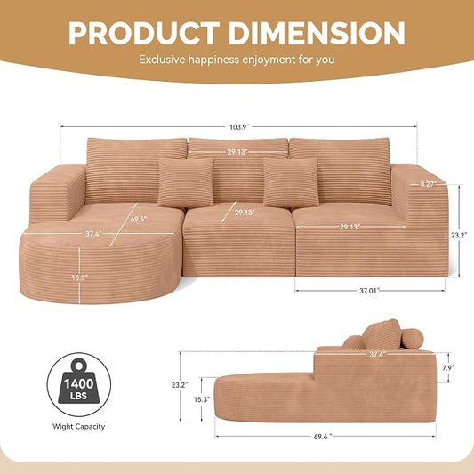 Boneless Couches for Living Room,Cloud Sectional Couch with L-Shape Chaise,Modern Modular Sofa with Deep Seat Upholstered Comfy Couches for Bedroom,No Assembly Required,1PCS