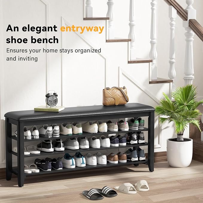 Shoe Rack Bench Entryway Storage with Leather Cushion, Shoe Organizer Bench for Entryway, Ideal for Front Doors Entrances Hallway Mudroom Featuring Rubberwood And 3 Height-Adjustable Removable Shelve